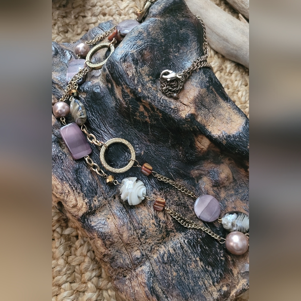 Long Chunky Necklace with Dusty Blush Faux Pearls & Plum Swirl Glass Beads